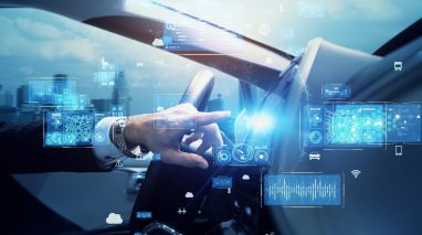 Cockpit of autonomous car concept illustrating telematics insurance products.